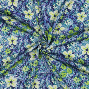 Viskose Satin Blumen - blau/grün