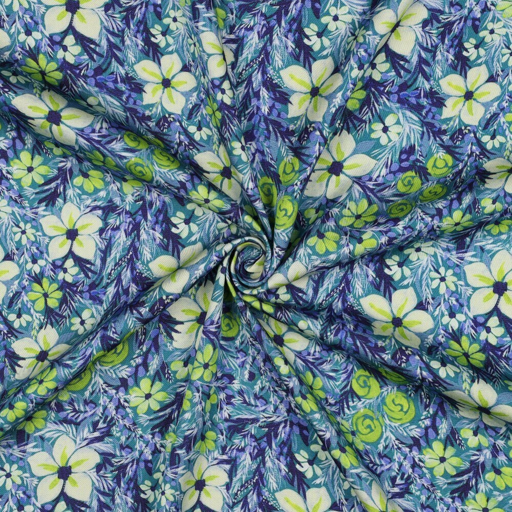 Viskose Satin Blumen - blau/grün