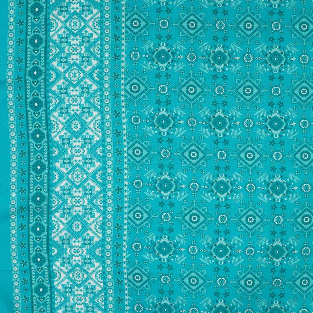 Viskose floral mit Bordürenstreifen - türkis