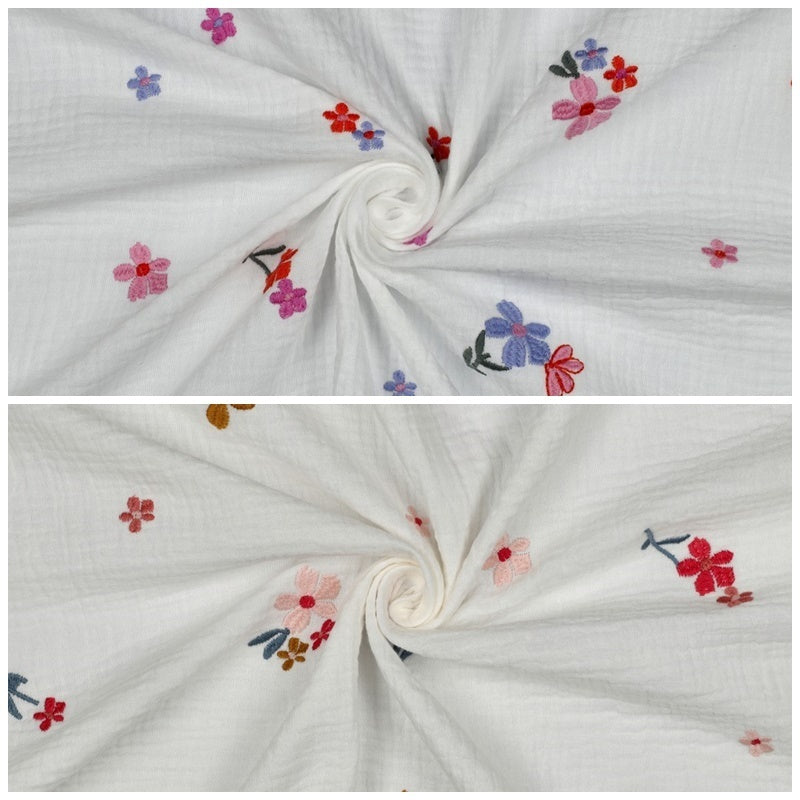 Musselin/Double Gauze Stickerei Blumen - bunt rosa/lila/rot