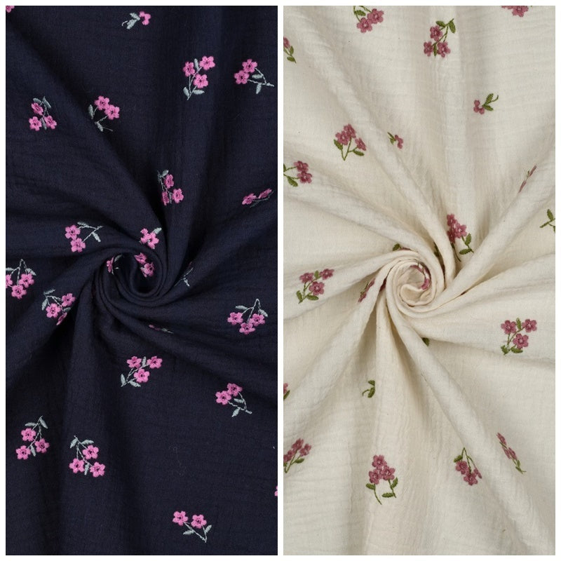 Musselin/Double Gauze Stickerei Blumen - natur