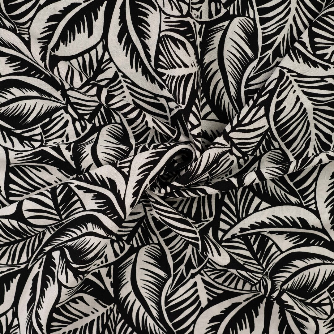 Viskose Stretch "Leaves" - schwarz/ecru