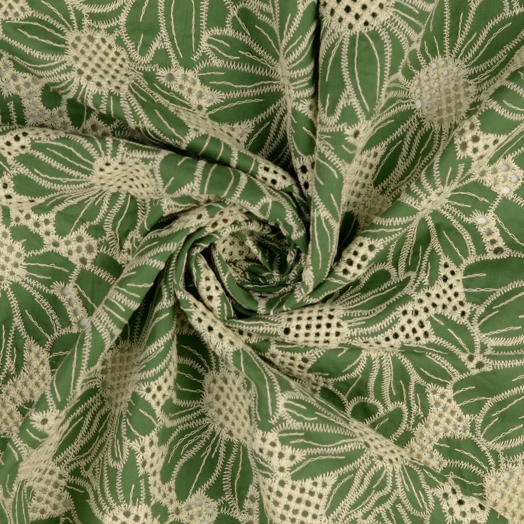 Baumwoll-Voile mit Stickerei Blüten - lindgrün - Reststück 1,7M
