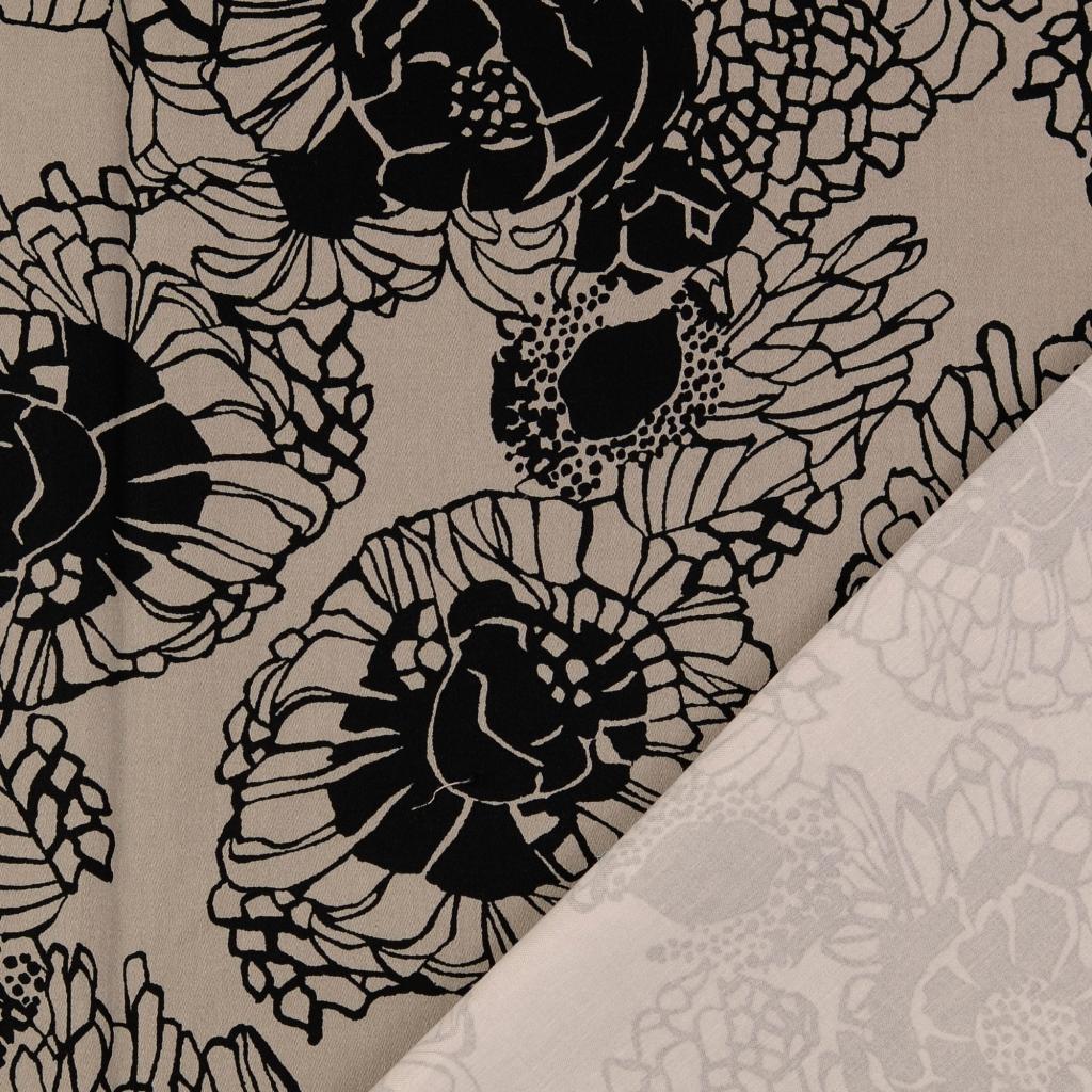 Baumwoll Satin Blüten - grau/schwarz