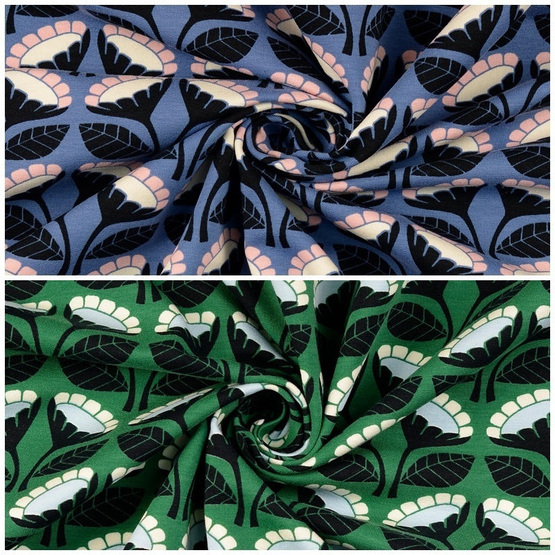 French Terry "Blumen'" angeraut - blau