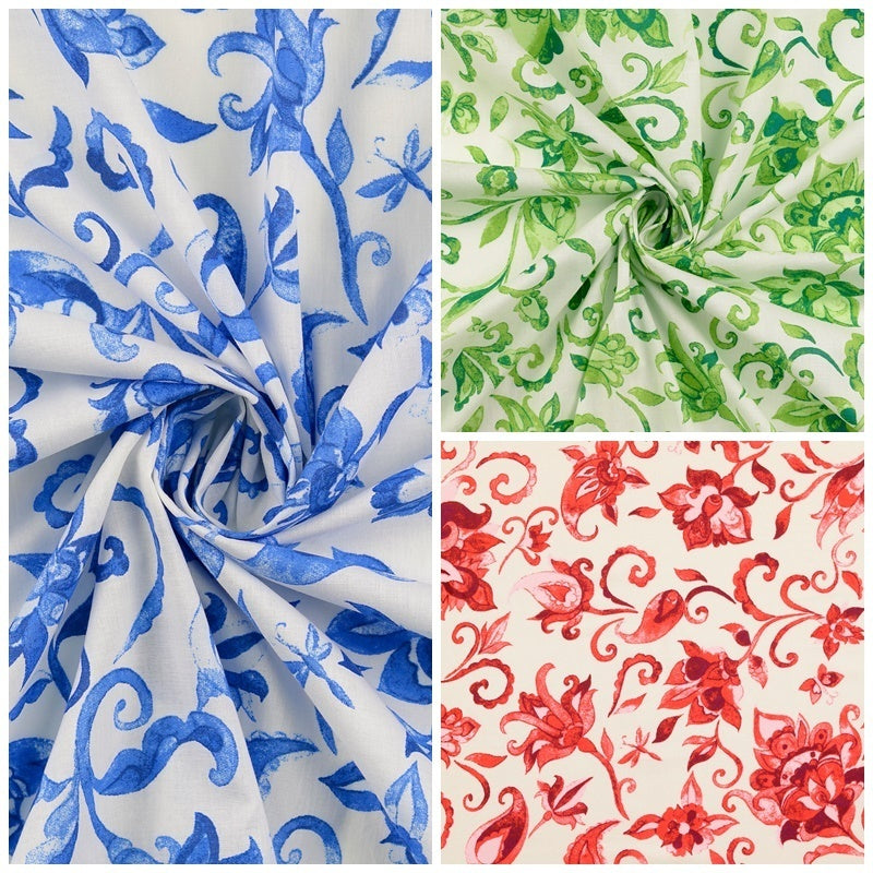 Baumwoll Voile florale Ornamente - blau - Reststück 1,9M