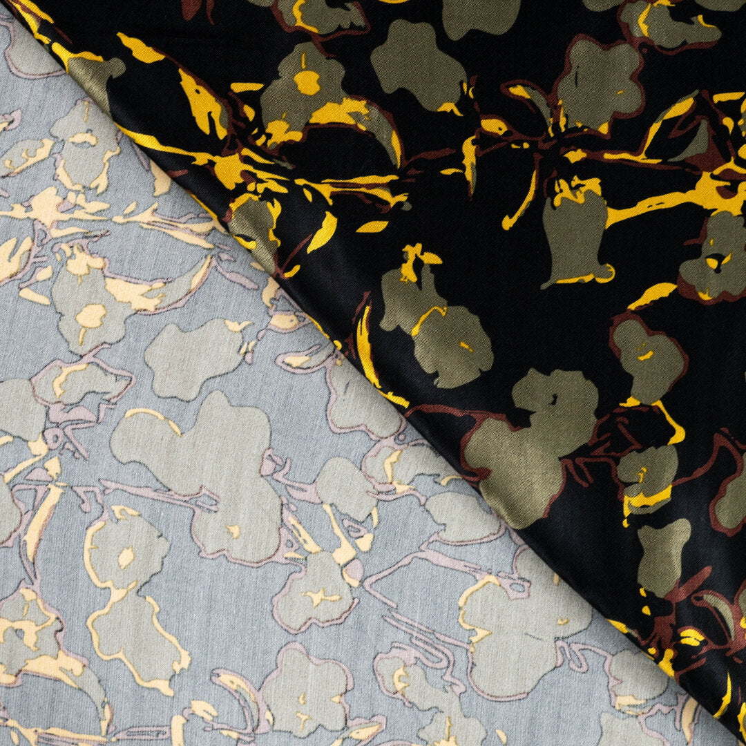 Viskose Satin floral - schwarz/oliv