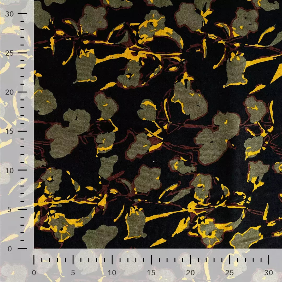 Viskose Satin floral - schwarz/oliv