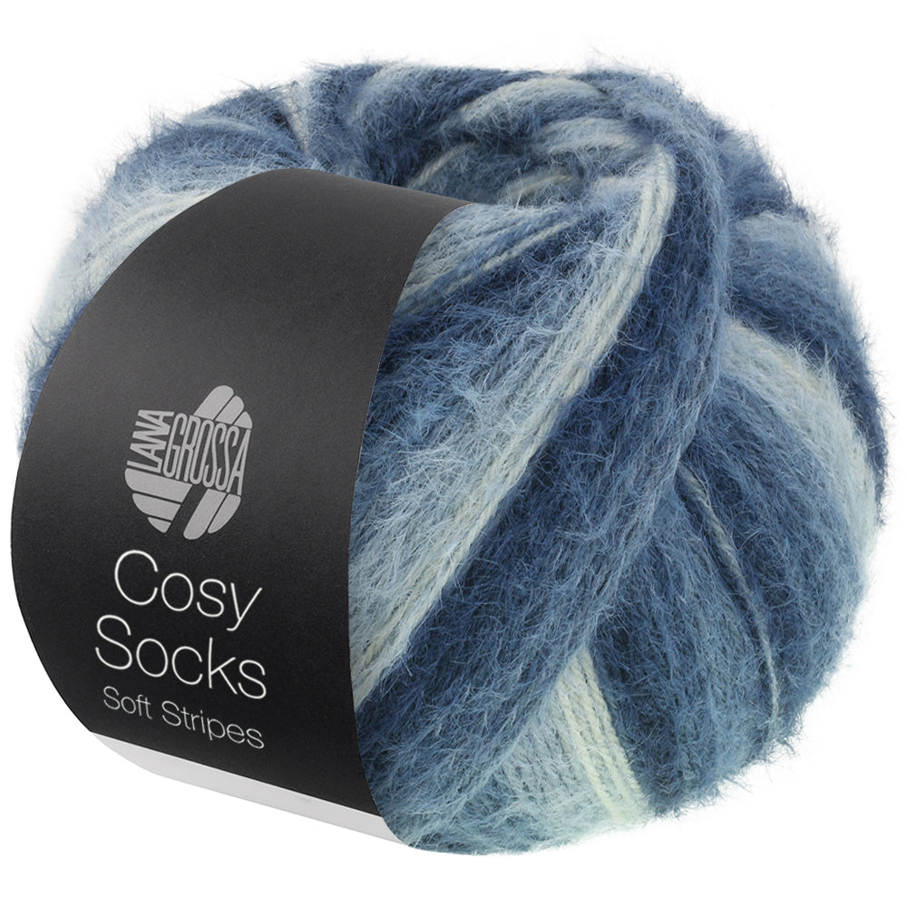 Cosy Socks "Soft Stripes" – Lana Grossa – Schwarz-/Grau-/Rauch-/Weißblau - 106