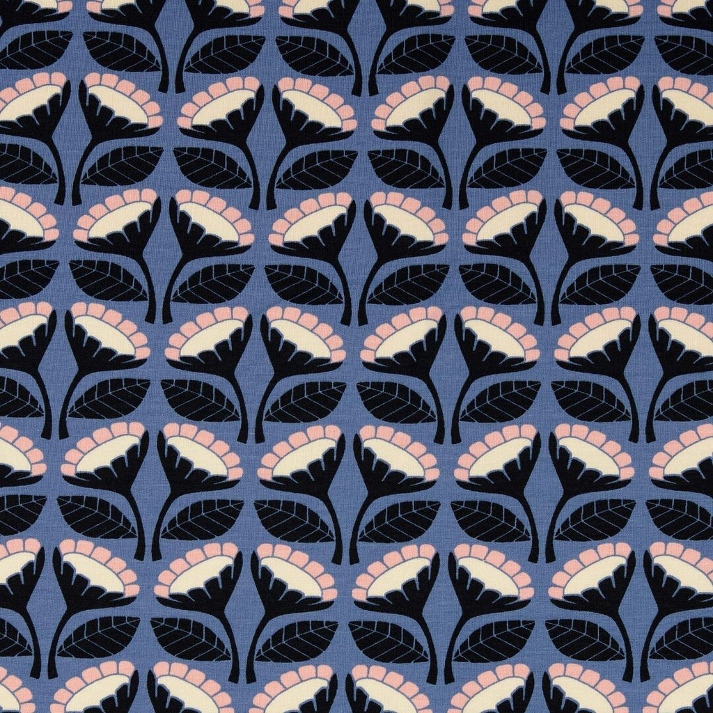 French Terry "Blumen'" angeraut - blau