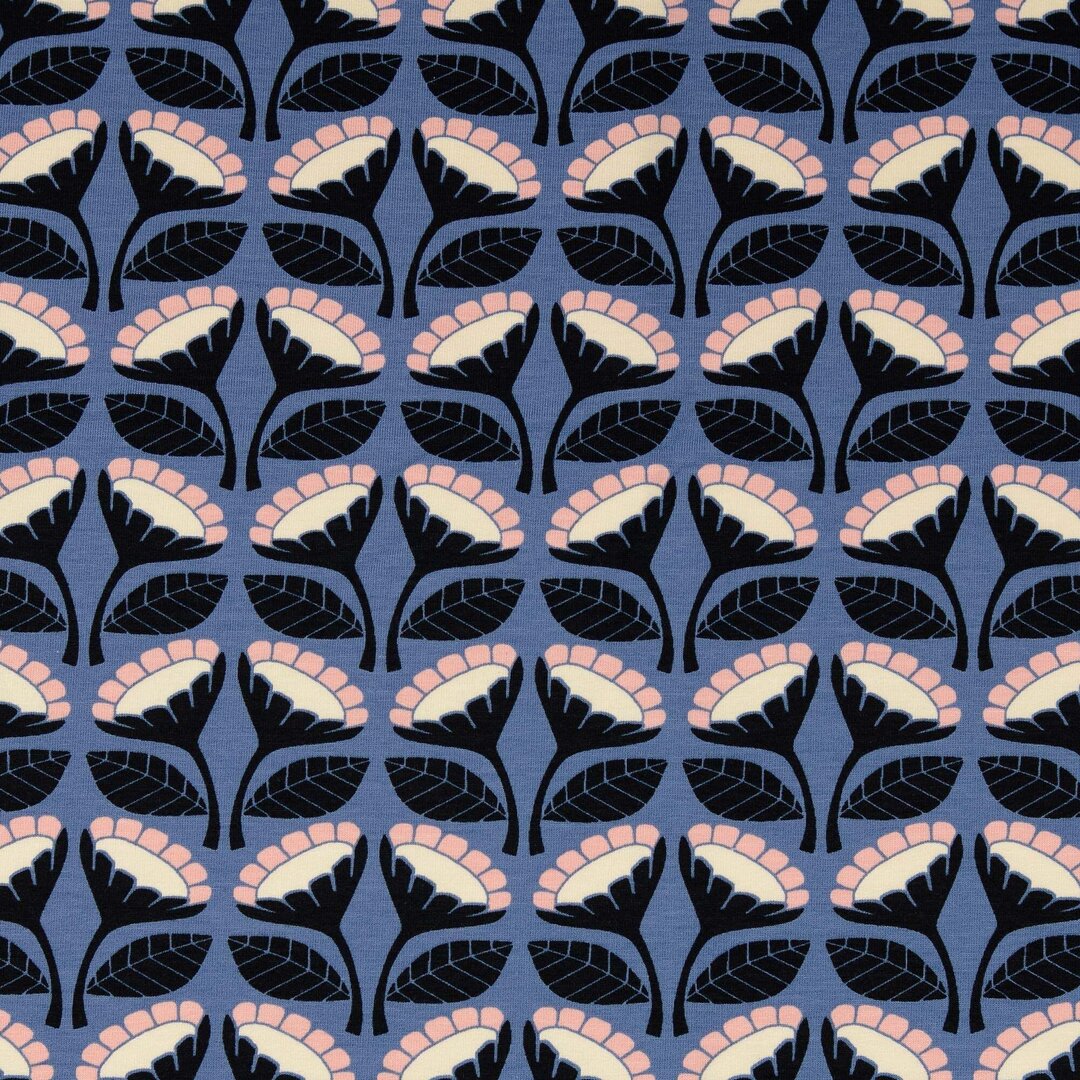 French Terry "Blumen'" angeraut - blau