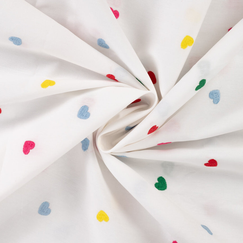 Baumwolle mit Stickerei - bunte Herzen - Reststück 1,9M
