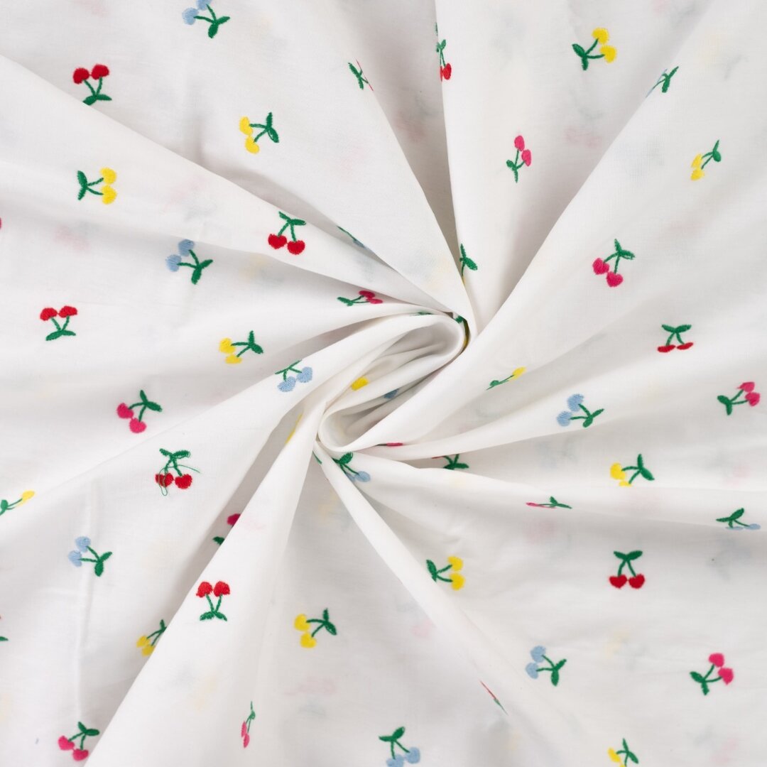 Baumwolle mit Stickerei - bunte Kirschen