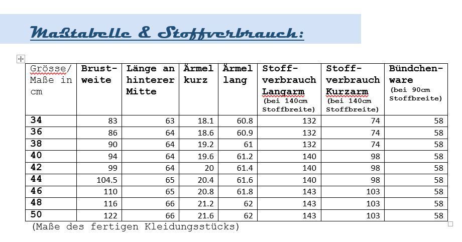 Maßtabelle