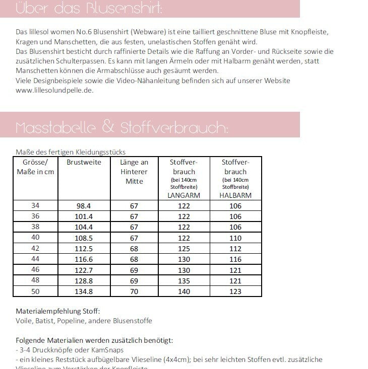 Ebook / Schnittmuster lillesol women No.6 Blusenshirt Webware *mit Video-Nähanleitung*