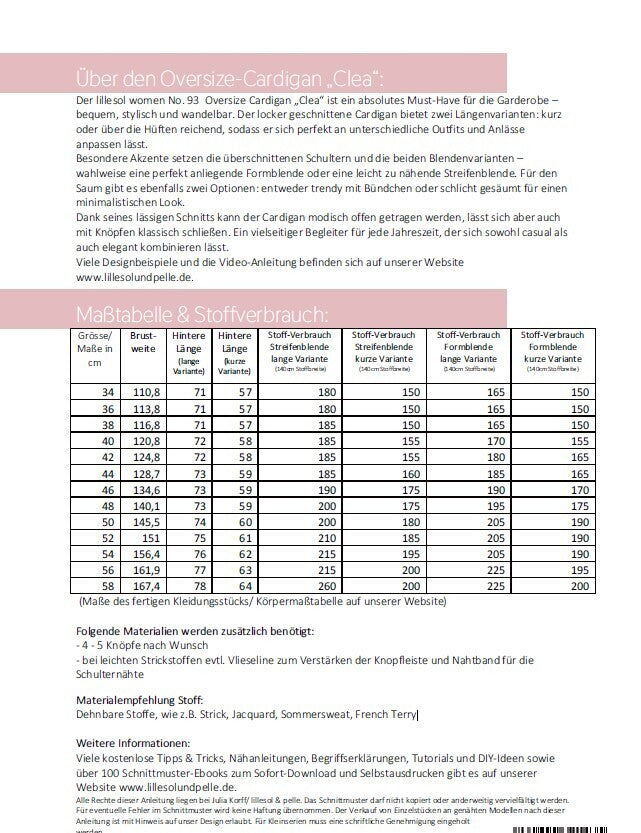 Ebook / Schnittmuster lillesol women No.93 Oversize Cardigan "Clea" mit Video-Nähanleitung*
