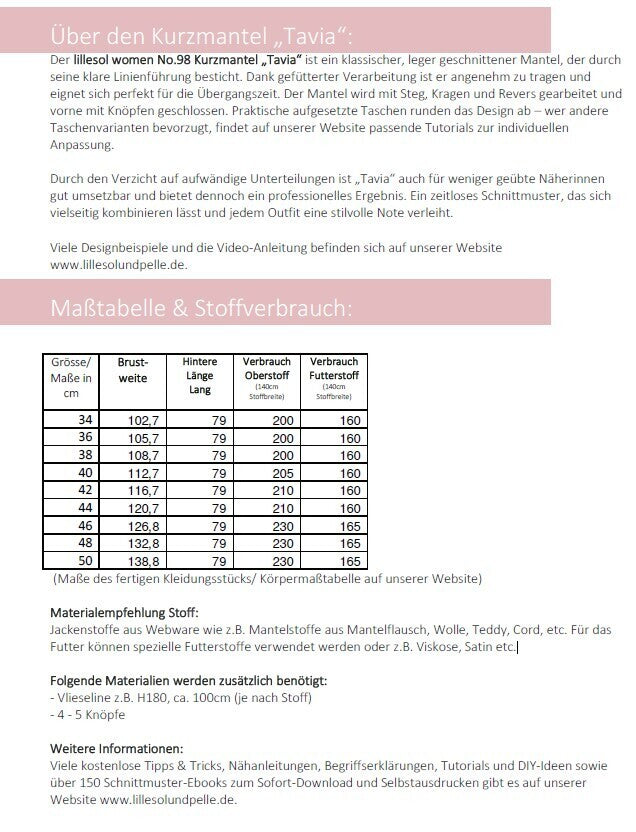 Ebook / Schnittmuster lillesol women No.98 Kurzmantel "Tavia" * mit Video-Nähanleitung*