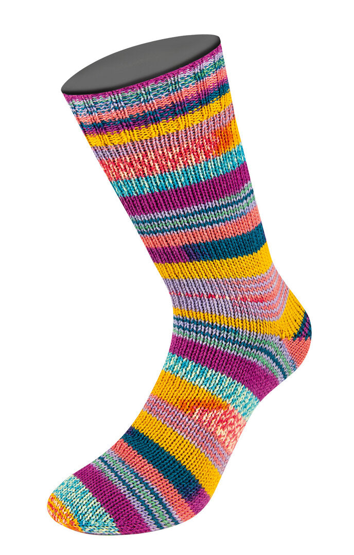 Meilenweit "Arte" Sockenwolle – Lana Grossa – Lila/Lachs/Gelb/Hellblau/Ecru/Fuchsia/Minttürkis/ Dunkelpetrol gestreift - 6801
