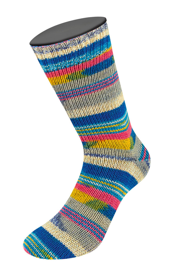 Meilenweit "Arte" Sockenwolle – Lana Grossa – Kornblume/Himbeer/Hellgrau/Jeans/Beige/ Tinte/Gelb/Pistazie gestreift - 6805