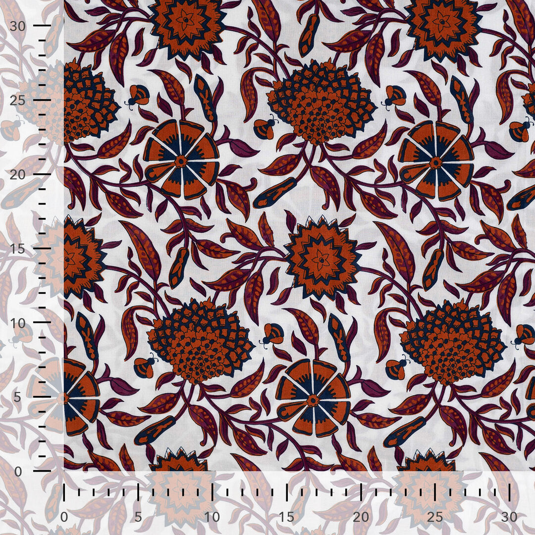 Baumwoll Voile "Flowers" - weiß/braun - Reststück 1,8M
