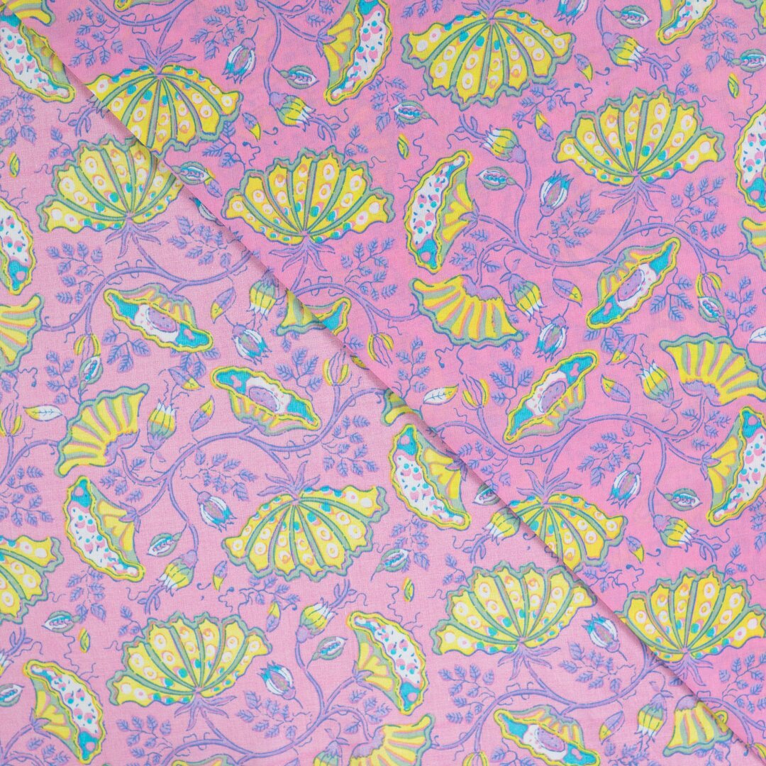 Baumwoll Voile "Flowers" - helllrosa/gelb